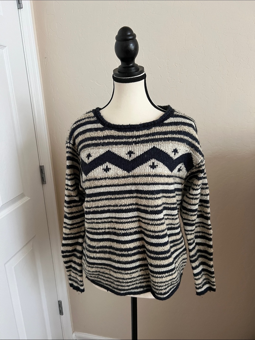 Ralph Lauren Navy & Cream Striped Chevron Crewneck Sweater